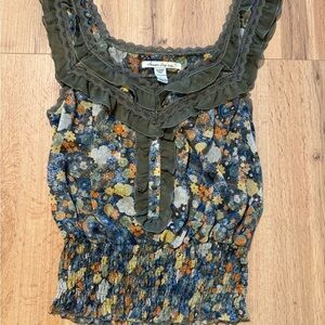 Boho American Rag Cie Floral Top with Olive Lace Ruffle Trim